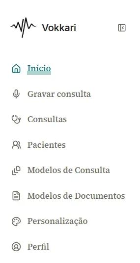 Menu lateral do app.vokkari.com com os itens Início, Gravar consulta, Consultas, Pacientes, Modelos de Consulta, Modelos de Documentos, Personalização e Perfil