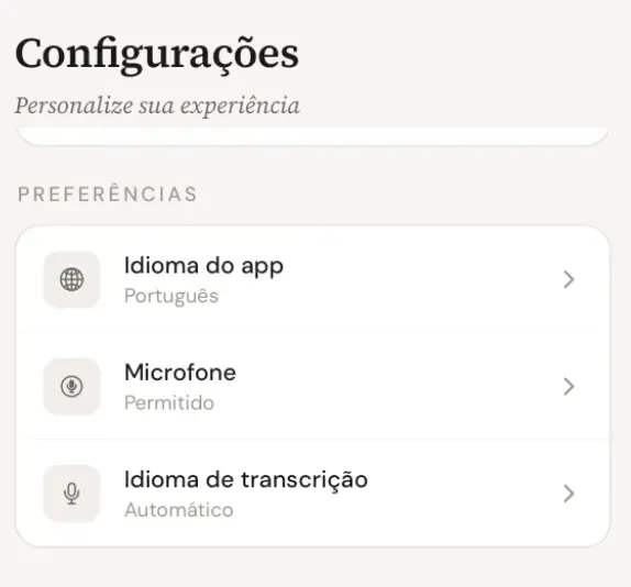 Tela Configurações do app, com a linha Microfone marcada como Permitido em Preferências