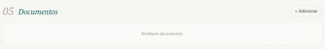 Seção Documentos no computador, com o título, o botão + Adicionar à direita e o aviso Nenhum documento.