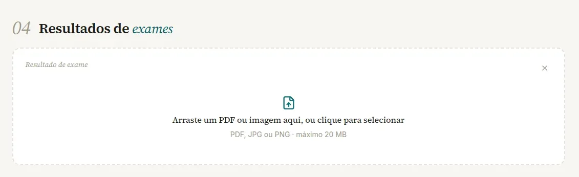 Área Arraste um PDF ou imagem aqui, ou clique para selecionar, com a indicação PDF, JPG ou PNG e o máximo de 20 MB