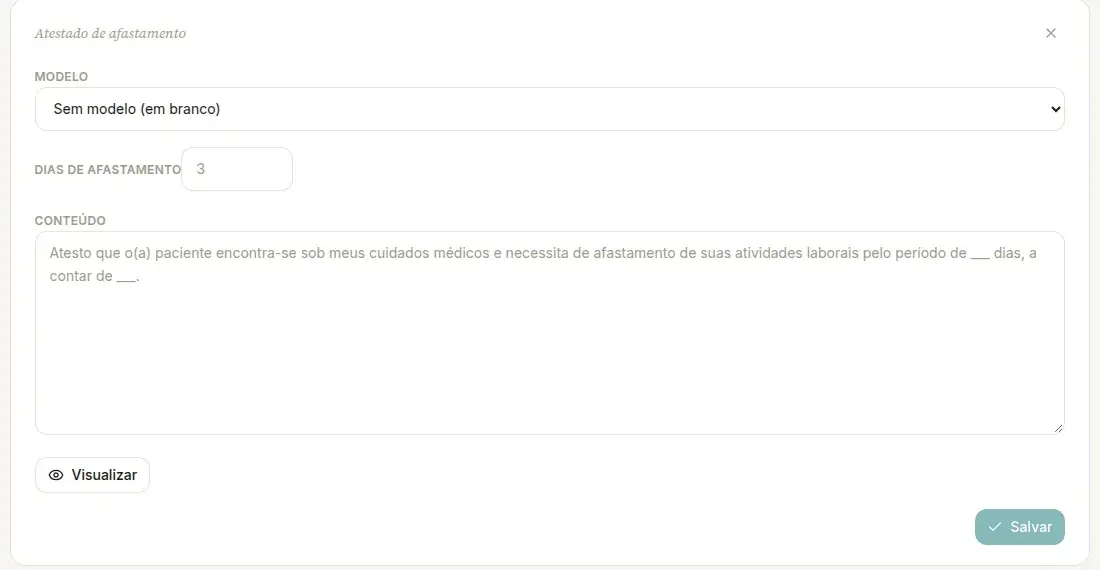 Editor do Atestado de afastamento no computador, com o seletor Modelo em Sem modelo (em branco), o campo Dias de afastamento, o texto de exemplo no campo Conteúdo e os botões Visualizar e Salvar