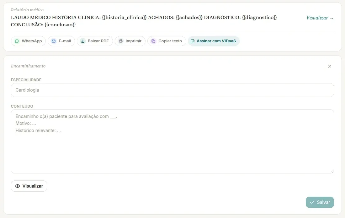Editor de um Encaminhamento no computador, aberto abaixo de um documento salvo, com o campo Especialidade, o Conteúdo com o texto de exemplo em cinza e os botões Visualizar e Salvar