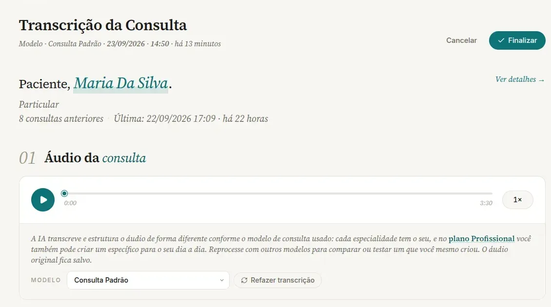 Alto da página da consulta em edição no computador, com os botões Cancelar e Finalizar e, abaixo, o cartão Áudio da consulta ainda visível com o player