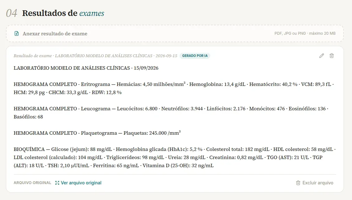 Cartão Resultado de exame com o laboratório, a data, o selo Gerado por IA, os valores extraídos e os botões Ver arquivo original e Excluir arquivo