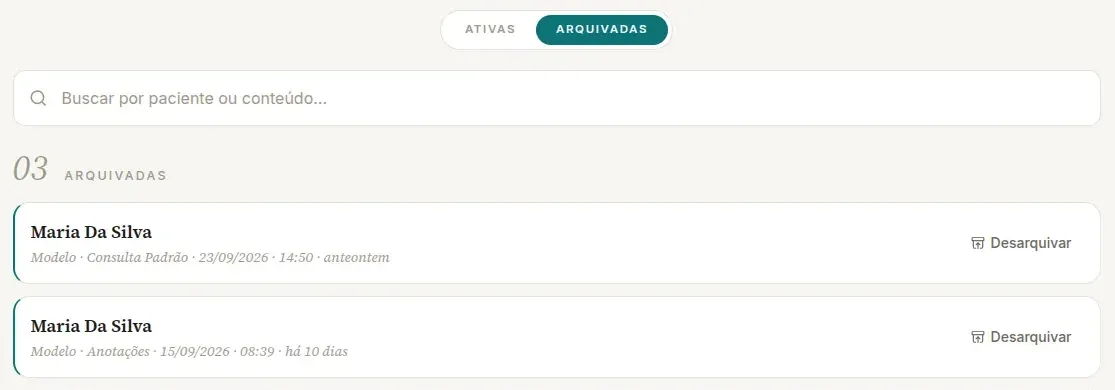 Lista Consultas no computador, na aba Arquivadas, com a busca, a seção Arquivadas e dois cartões com o botão Desarquivar