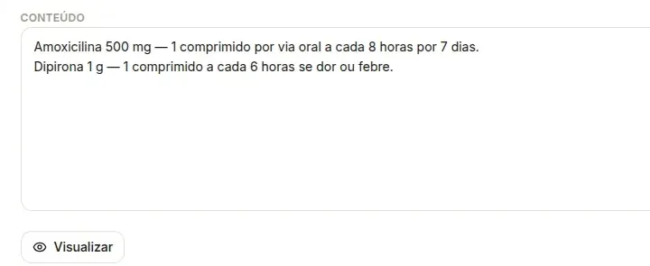 Campo Conteúdo do editor do Receituário Simples no computador, com dois medicamentos, um por linha, e o botão Visualizar abaixo