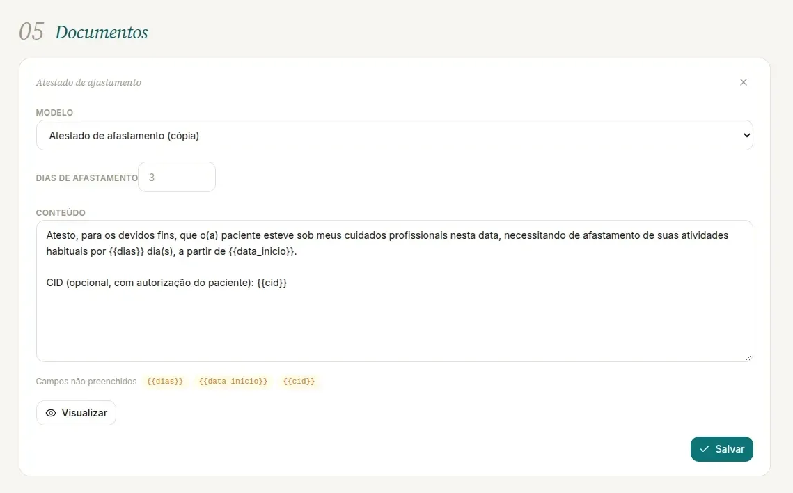 Bloco Documentos da consulta com o editor do atestado, o seletor Modelo, o conteúdo com os campos entre chaves e a linha Campos não preenchidos