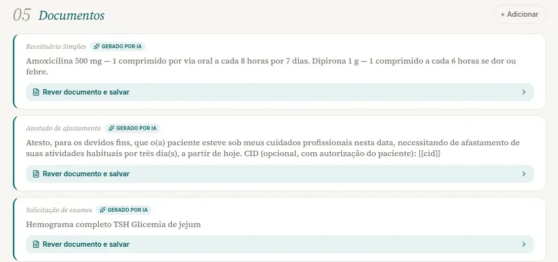 Seção Documentos do app.vokkari.com com o botão + Adicionar e três rascunhos, Receituário Simples, Atestado de afastamento e Solicitação de exames, cada um com o selo Gerado por IA e o botão Rever documento e salvar
