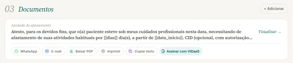 Seção Documentos do app.vokkari.com com o Atestado de afastamento, o link Visualizar → e os botões WhatsApp, E-mail, Baixar PDF, Imprimir, Copiar texto e Assinar com VIDaaS