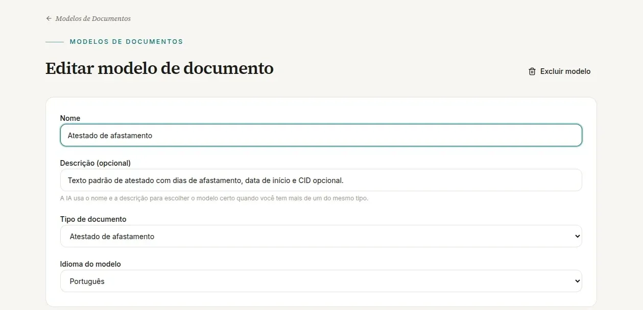 Página Editar modelo de documento com os campos Nome, Descrição (opcional), Tipo de documento e Idioma do modelo