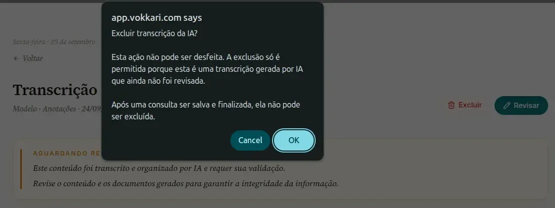 Diálogo do navegador Excluir transcrição da IA? no computador, com o aviso de que a ação não pode ser desfeita, sobre o alto da página de uma consulta aguardando revisão com os botões Excluir e Revisar