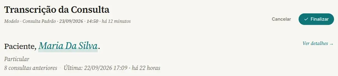 Alto da página da consulta em edição no computador, com os botões Cancelar e Finalizar