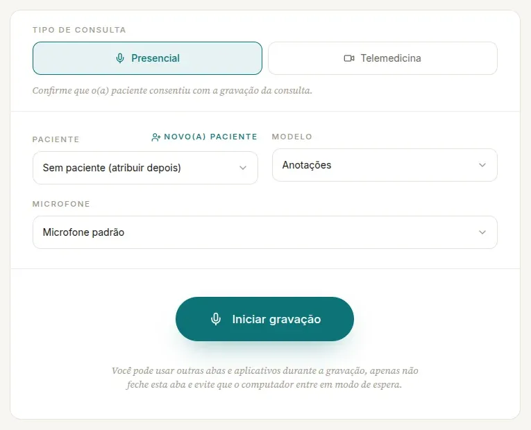Cartão de gravação com Tipo de consulta, Paciente, Modelo, Microfone e o botão Iniciar gravação