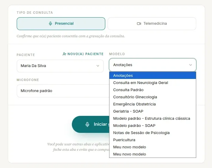 Campo Modelo aberto no cartão de gravação, com os modelos prontos listados primeiro, de Anotações a Puericultura, e os modelos personalizados no fim da lista