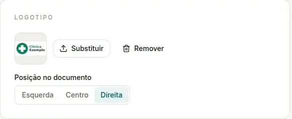 Bloco Logotipo no computador, com a miniatura da Clínica Exemplo, os botões Substituir e Remover e a Posição no documento com Esquerda, Centro e Direita, com Direita marcada