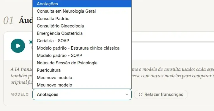Campo Modelo aberto no bloco de refazer, com os modelos prontos de Anotações a Puericultura e os dois modelos personalizados no fim da lista