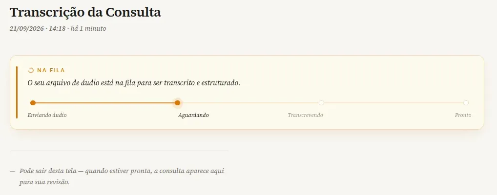 Página da consulta com o cartão Na fila e as etapas Enviando áudio, Aguardando, Transcrevendo e Pronto