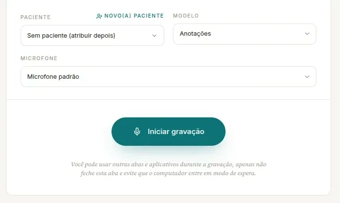 Parte de baixo do cartão de gravação com os campos Paciente, Modelo e Microfone e o botão Iniciar gravação