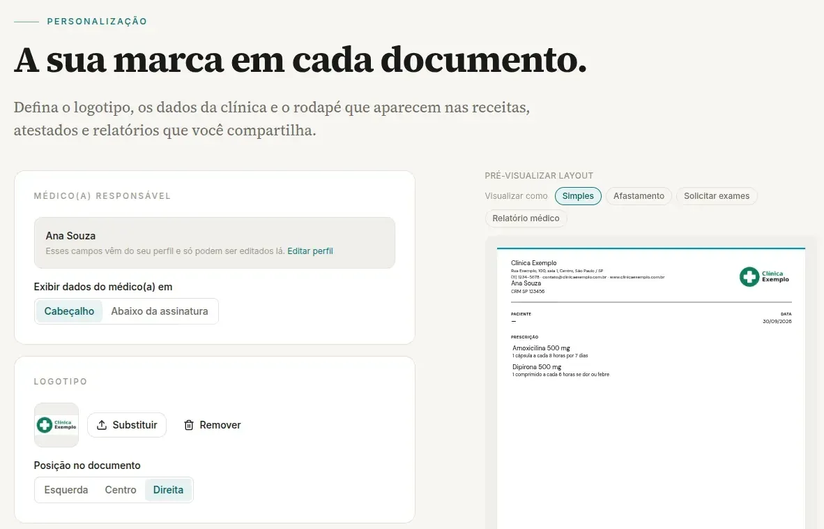 Tela Personalização do app.vokkari.com, com o título A sua marca em cada documento, os blocos Médico(a) responsável e Logotipo à esquerda e, à direita, a coluna Pré-visualizar layout com os botões de Visualizar como e a página de exemplo