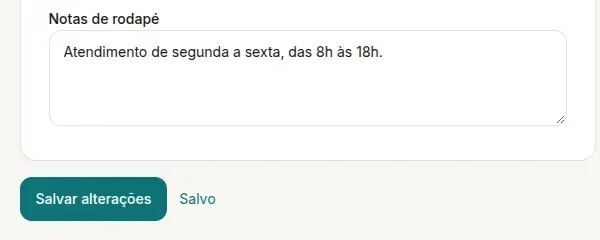 Fim do formulário no computador, com o campo Notas de rodapé, o botão Salvar alterações e a palavra Salvo ao lado
