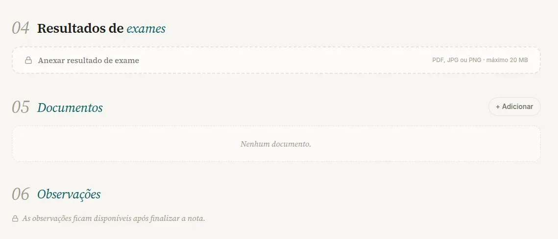 Página da consulta no app.vokkari.com com a seção Resultados de exames e a faixa Anexar resultado de exame acima de Documentos e Observações