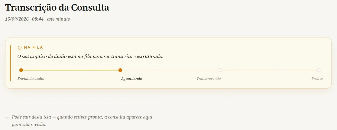 Página da consulta com as etapas Enviando áudio, Aguardando, Transcrevendo e Pronto