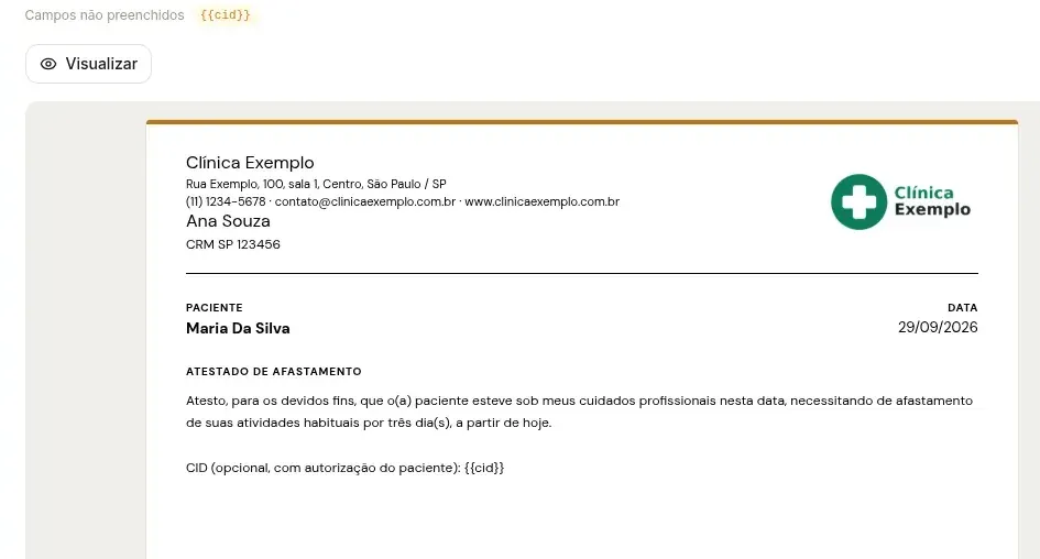 Editor do Atestado de afastamento no computador com a linha Campos não preenchidos, o botão Visualizar e, abaixo, a pré-visualização com o cabeçalho da Clínica Exemplo, o(a) paciente, a data e o texto do atestado