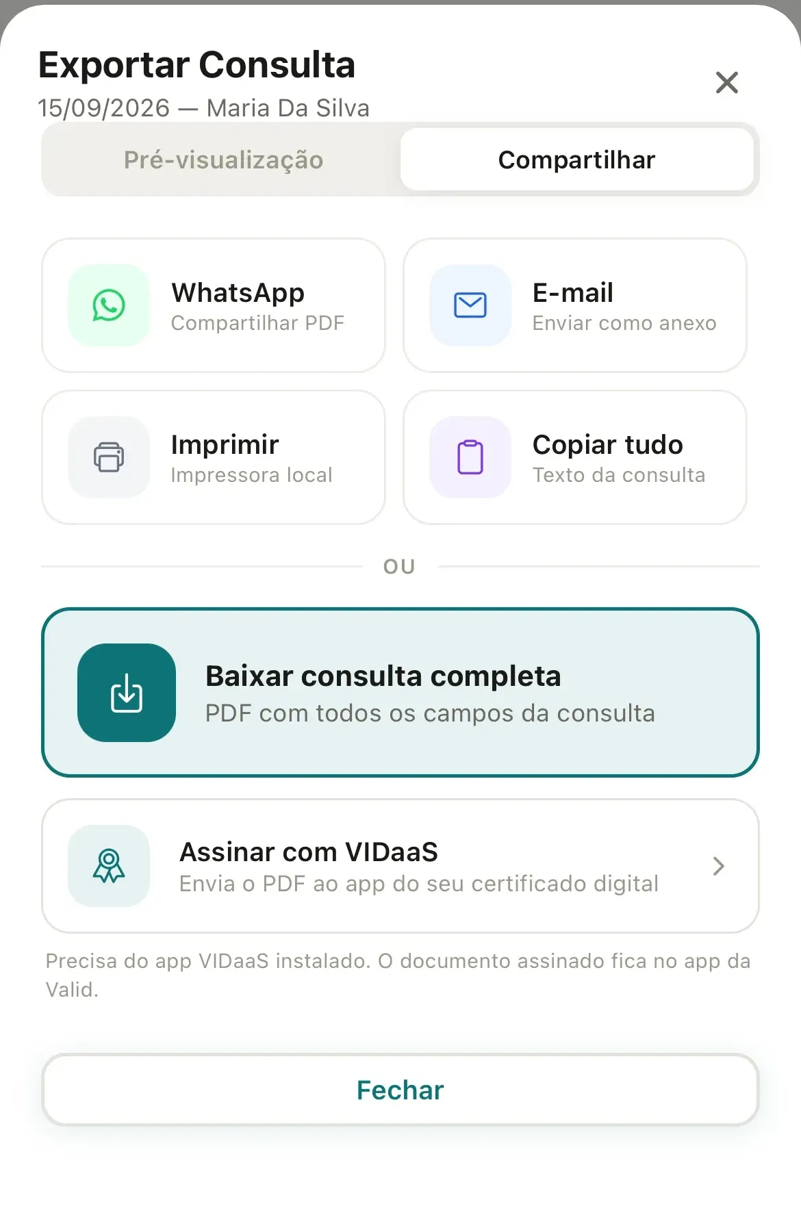 Folha Exportar Consulta no celular, na aba Compartilhar, com WhatsApp, E-mail, Imprimir, Copiar tudo, o cartão Baixar consulta completa e o cartão Assinar com VIDaaS