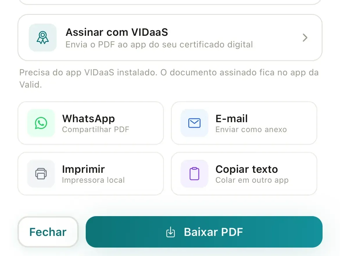 Pré-visualização do PDF com o cartão Assinar com VIDaaS e o aviso sobre o app, acima das opções WhatsApp, E-mail, Imprimir e Copiar texto e do botão Baixar PDF