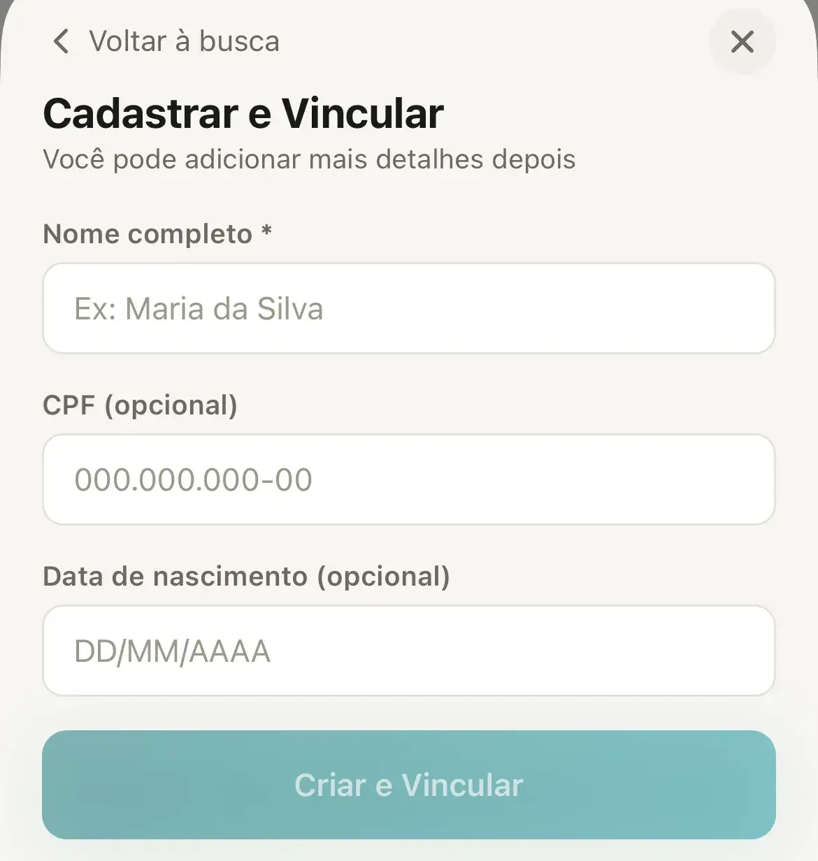 Tela Cadastrar e Vincular com os campos Nome completo, CPF e Data de nascimento, o botão Criar e Vincular e o link Voltar à busca