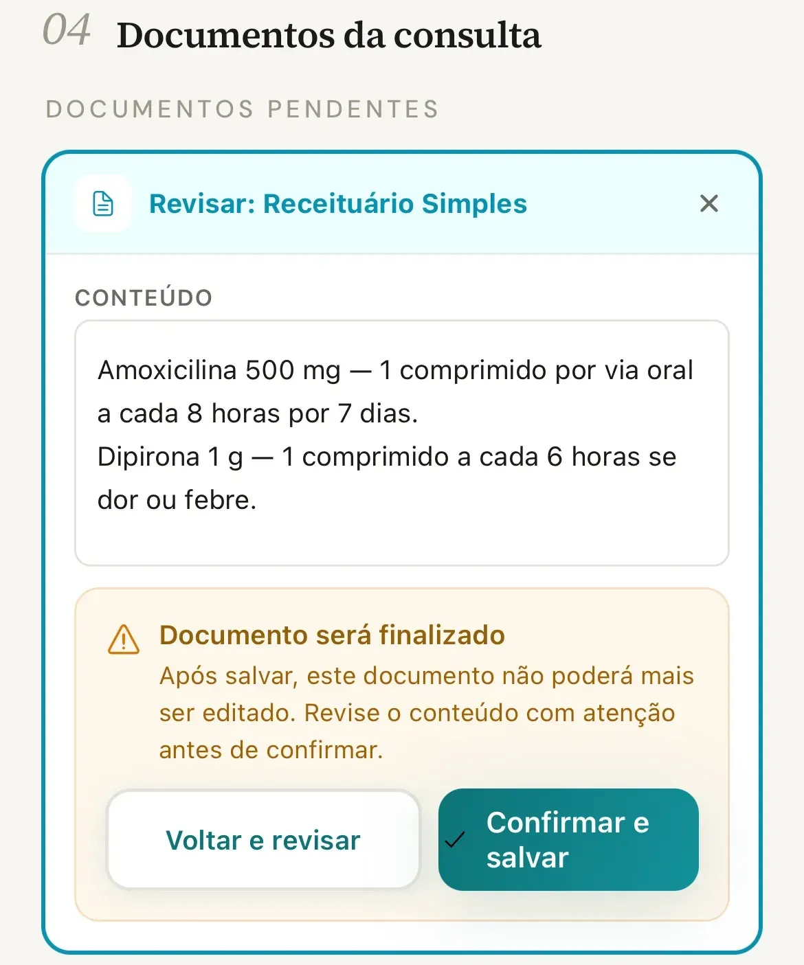 Editor Revisar: Receituário Simples aberto em Documentos Pendentes, com o campo Conteúdo e o aviso Documento será finalizado com os botões Voltar e revisar e Confirmar e salvar