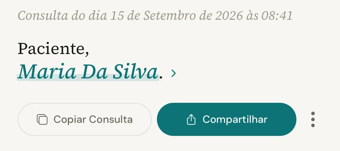 Alto de uma consulta finalizada no celular, com a data, o nome da paciente e os botões Copiar Consulta e Compartilhar