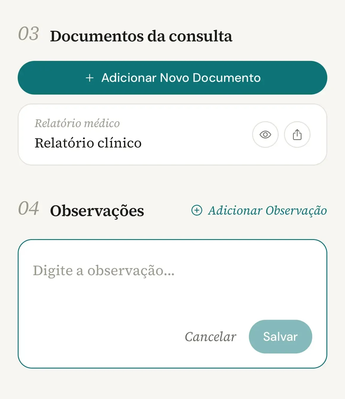 Seção Observações no celular com o cartão de digitação aberto, o campo Digite a observação vazio e os botões Cancelar e Salvar, com Salvar ainda desativado