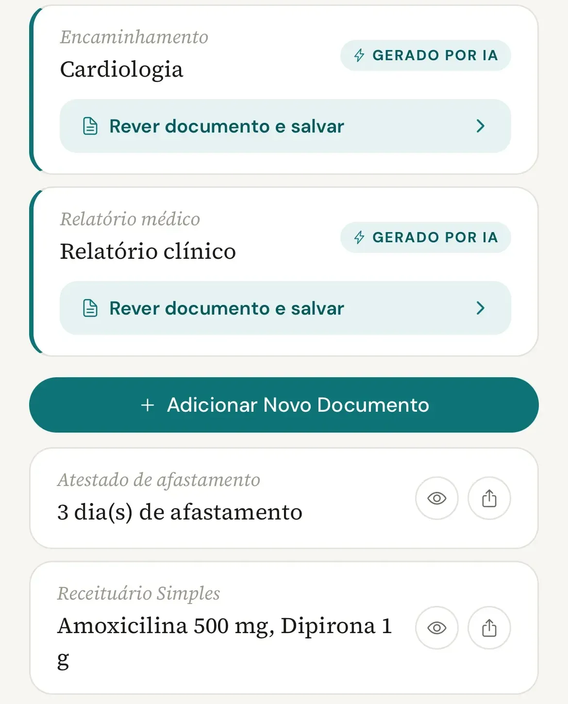 Seção Documentos da consulta com dois rascunhos pendentes, o botão Adicionar Novo Documento e, abaixo, o Atestado de afastamento e o Receituário Simples salvos, cada um com os ícones de olho e de compartilhar