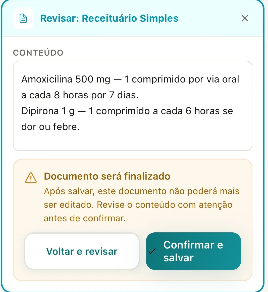 Editor Revisar: Receituário Simples no celular com o bloco Documento será finalizado, o aviso de que o documento não poderá mais ser editado e os botões Voltar e revisar e Confirmar e salvar