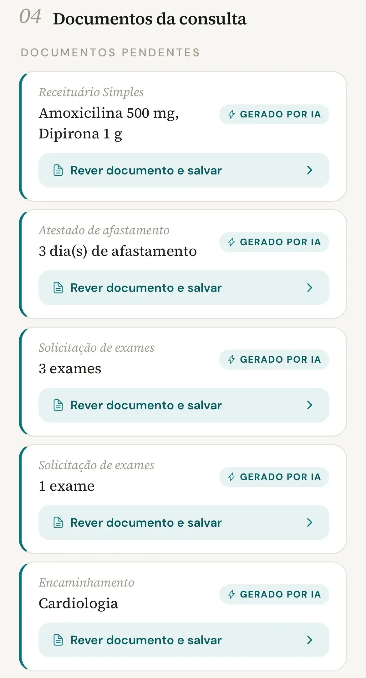 Seção Documentos da consulta no celular, com o grupo Documentos Pendentes e cinco rascunhos, Receituário Simples, Atestado de afastamento, duas Solicitações de exames e Encaminhamento, cada um com o selo Gerado por IA e o botão Rever documento e salvar
