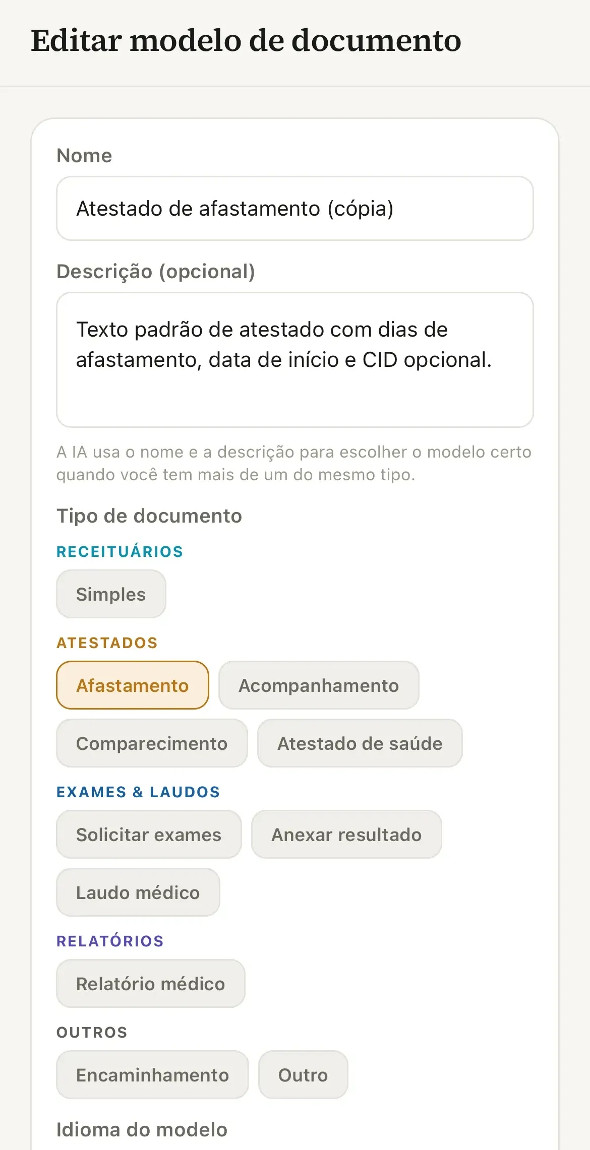 Tela Editar modelo de documento com os campos Nome, Descrição (opcional) e Tipo de documento, com a opção Afastamento selecionada