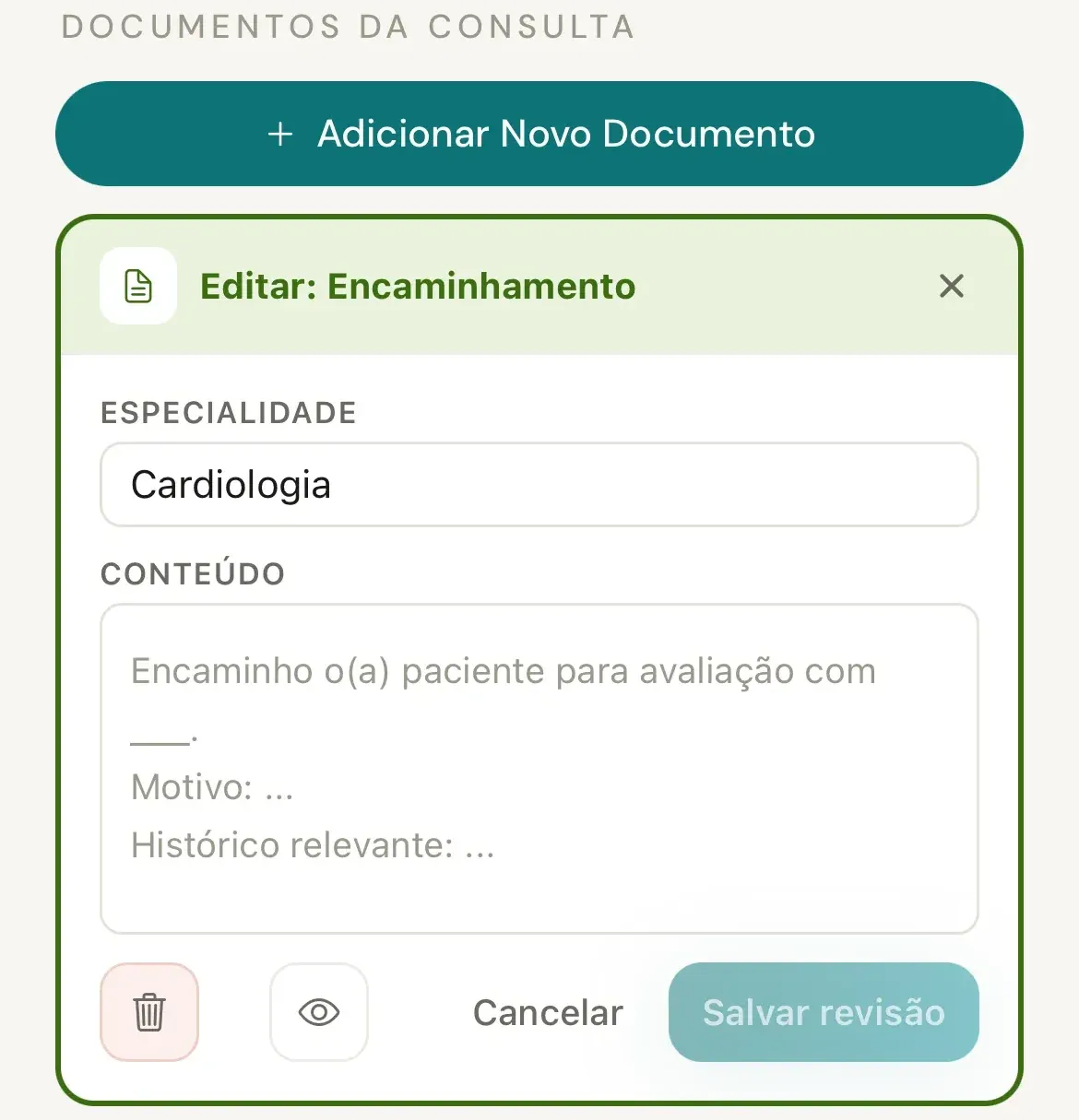 Editor do Encaminhamento com o campo Especialidade preenchido com Cardiologia, o texto de exemplo no campo Conteúdo e os botões Cancelar e Salvar revisão