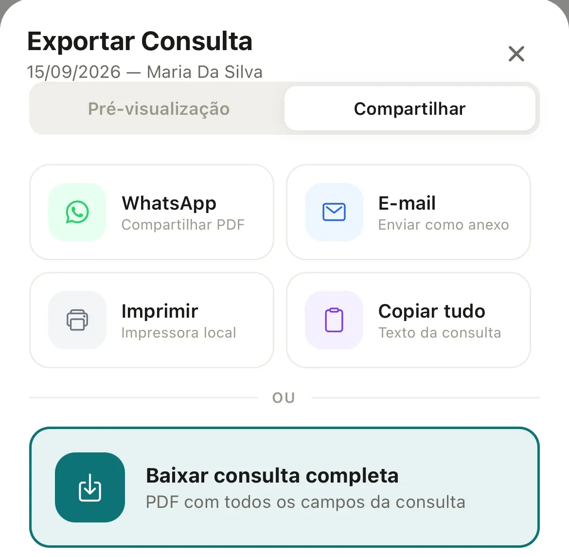 Janela Exportar Consulta com as opções WhatsApp, E-mail, Imprimir, Copiar tudo e Baixar consulta completa