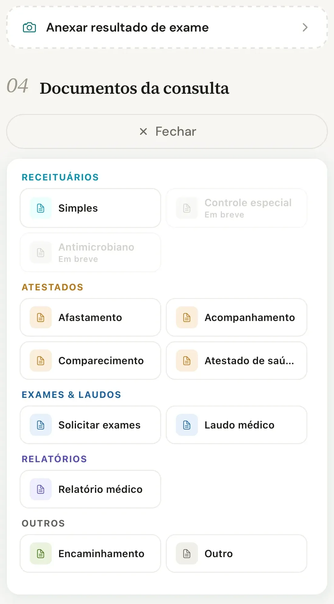 Seção Documentos da consulta no celular com o botão Fechar e a lista de tipos aberta em grupos, de Receituários a Outros