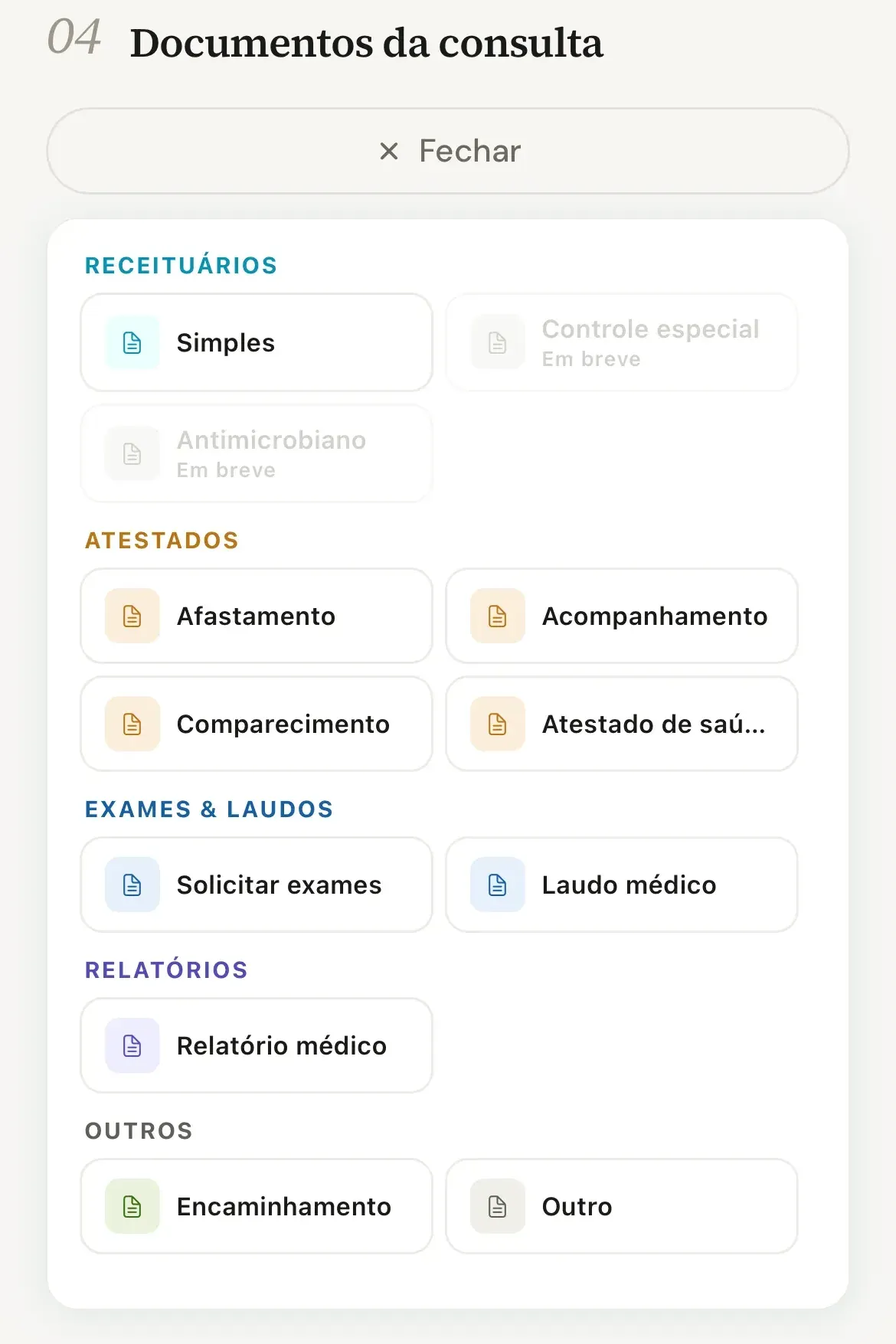 Seção Documentos da consulta com a lista de tipos aberta, nos grupos Receituários, Atestados, Exames & Laudos, Relatórios e Outros, com Controle especial e Antimicrobiano em cinza e marcados como Em breve