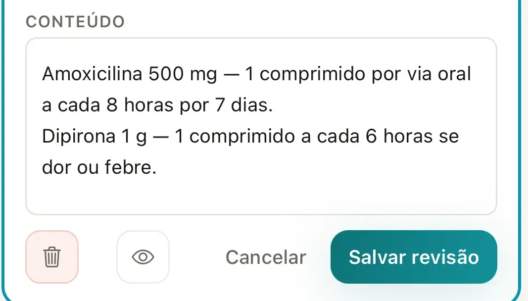 Campo Conteúdo do editor no celular e, abaixo, a lixeira, o ícone de olho, o botão Cancelar e o botão Salvar revisão