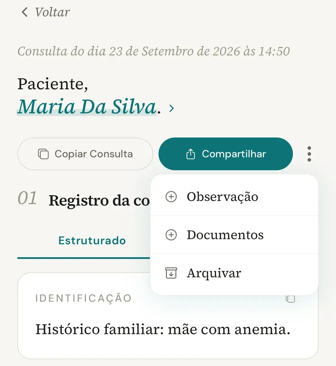 Consulta finalizada no celular com o menu Mais opções aberto ao lado de Copiar Consulta e Compartilhar, mostrando Observação, Documentos e Arquivar