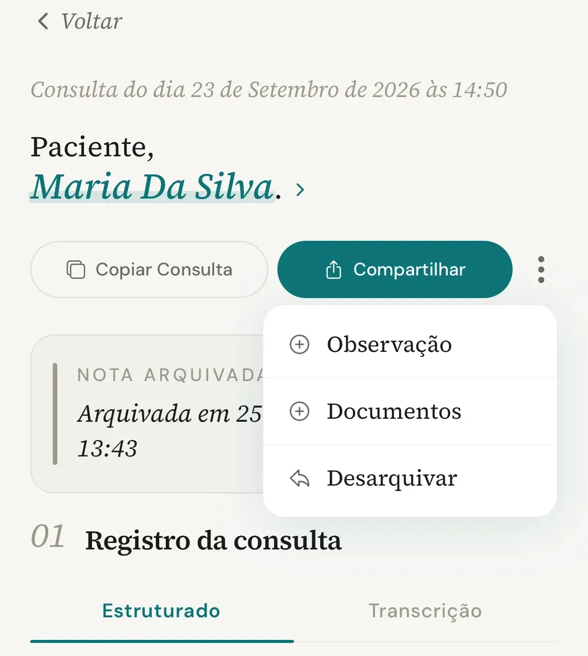 Consulta arquivada no celular, com o aviso Nota arquivada e o menu Mais opções aberto mostrando Observação, Documentos e Desarquivar