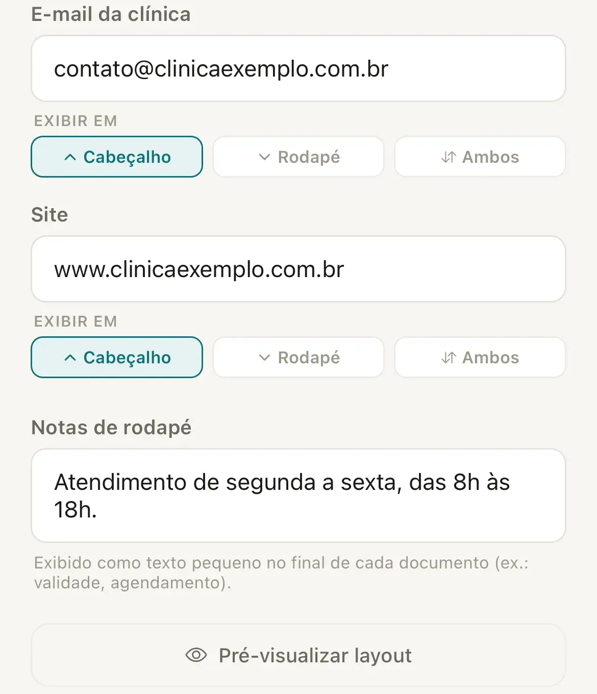 Fim da tela Identidade dos documentos no celular, com os campos E-mail da clínica e Site, o campo Notas de rodapé com o texto de horário de atendimento e o botão Pré-visualizar layout