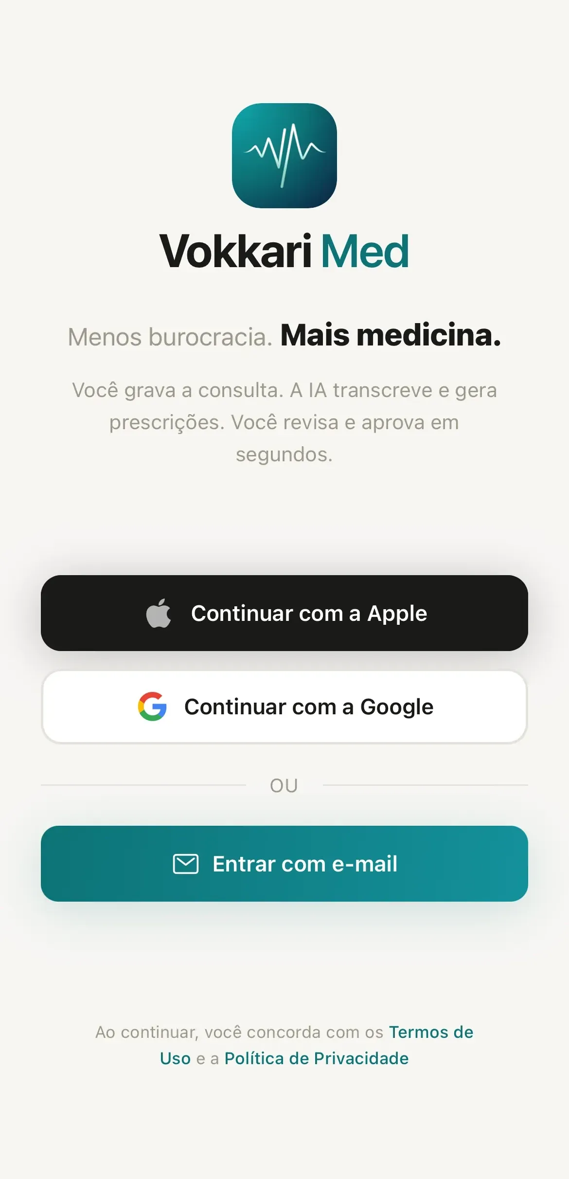 Primeira tela do app Vokkari Med, com os botões Continuar com a Apple, Continuar com a Google e Entrar com e-mail