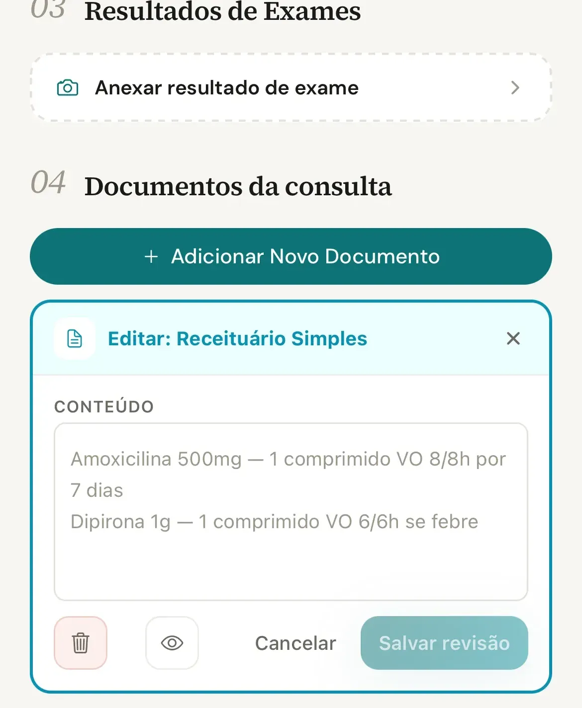 Editor do Receituário Simples aberto abaixo do botão Adicionar Novo Documento, com o texto de exemplo no campo Conteúdo e os botões Cancelar e Salvar revisão