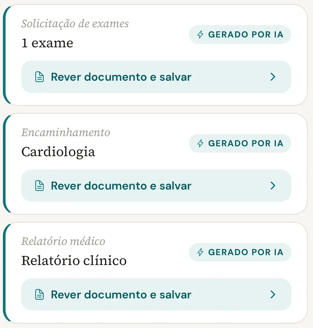Grupo Documentos Pendentes no celular com os rascunhos Solicitação de exames, Encaminhamento e Relatório médico, cada um com o selo Gerado por IA e o botão Rever documento e salvar