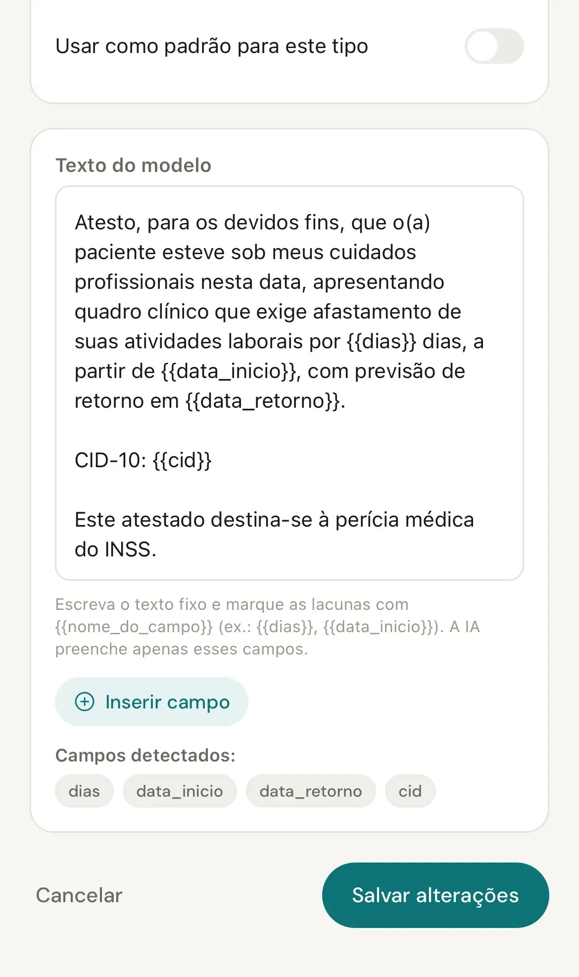 Parte final do editor, com o interruptor Usar como padrão para este tipo, o texto do modelo com quatro campos e o botão Salvar alterações