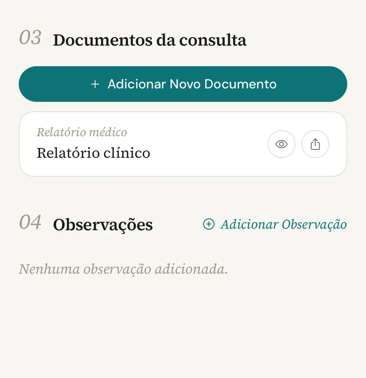 Fim da consulta finalizada no celular, com a seção Documentos da consulta e, abaixo, a seção Observações com o botão Adicionar Observação e o aviso Nenhuma observação adicionada